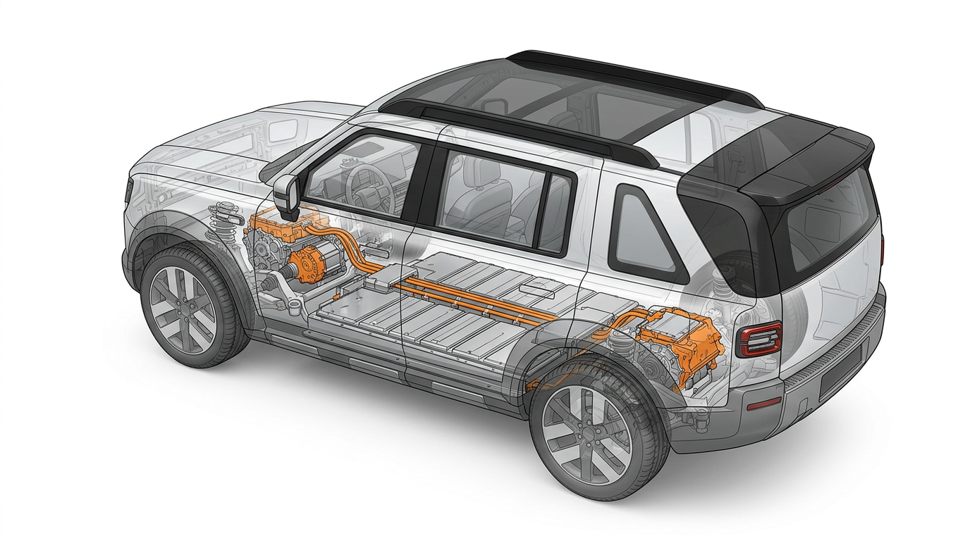 Technical cutaway illustration of an SUV platform